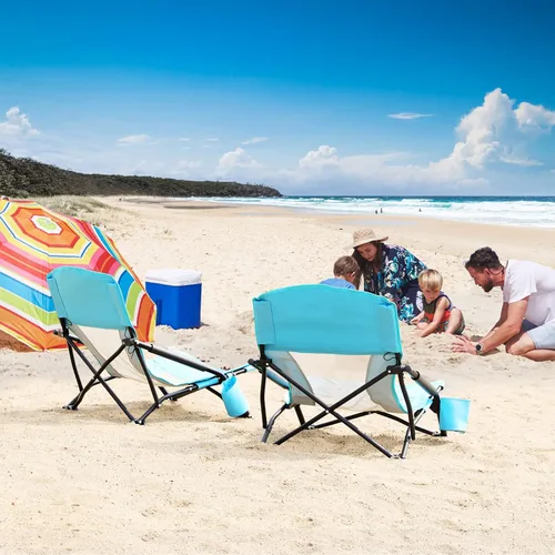 Vista 2 de TOBTOS Silla de playa baja para adultos, paquete de 2, plegable de perfil bajo con portavasos y bolsa de transporte, silla resistente para arena al