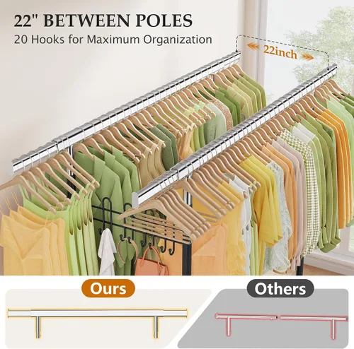 Vista 8 de Gewudraw Estante de ropa resistente con carga de 900 libras, estante comercial de doble barra con ruedas y estantes resistentes, estante colgante