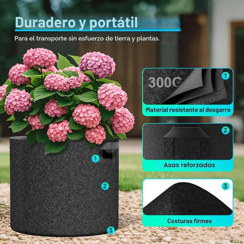 Vista 4 de Land Guard Paquete de 10 bolsas de cultivo de tela de 5 galones, macetas de jardín no tejidas gruesas, bolsas de cultivo con asas, color negro