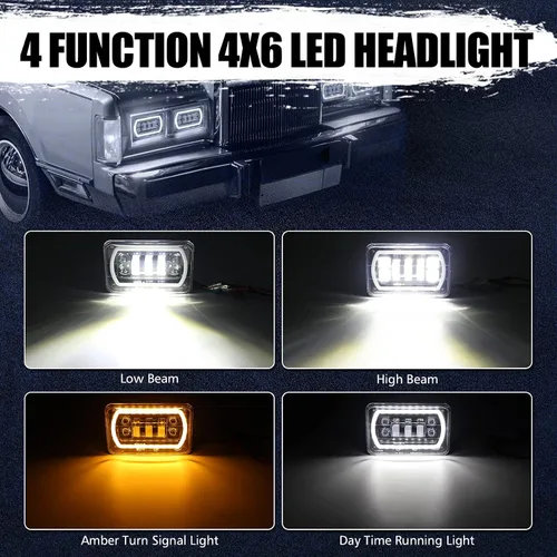 Vista 2 de OPP ULITE Faros delanteros LED 4x6 con luz blanca DRL ámbar señal de giro Halo, haz de sello H4651 H4656 H6545 H4668, paquete de 4 piezas (1730S-4)