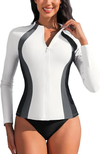 Vista 12 de ATTRACO Camisas de manga larga para mujer, chaquetas con cremallera completa, protección solar, traje de baño de surf #1 Aqua