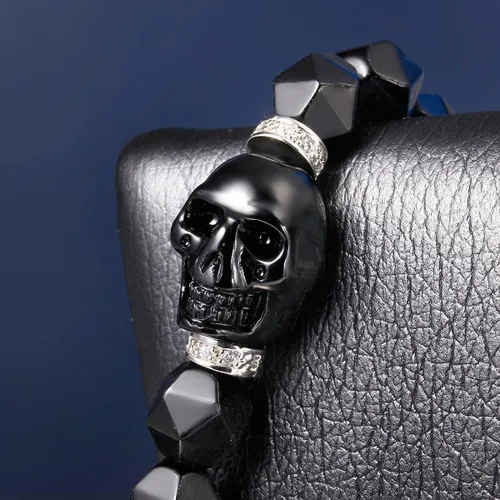 Vista 3 de XHUUU Pulsera de 7 chakras con estatua de calavera para mujeres y hombres, obsidiana negra, corte estrella, cristales reales y piedras curativas