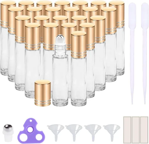 Vista 15 de PrettyCare 4 Pack 10ml Amber Glass Essential Oil Roller Bottles - Roller Ball Applicator, Leakproof Roll on Bottles, Travel Size Containers, Empty