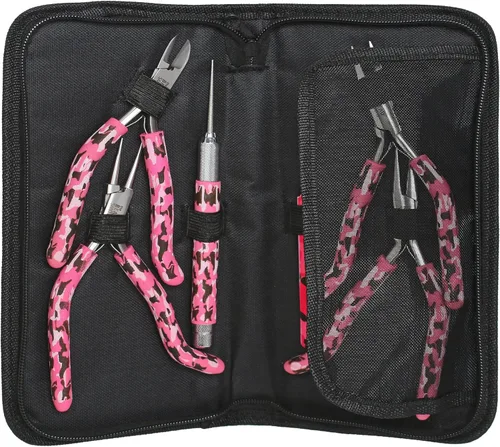 Vista 3 de The Beadsmith Juego de camuflaje rosa – Kit de 6 piezas: nariz de cadena, nariz redonda, nariz plana, alicates de corte lateral con pinzas