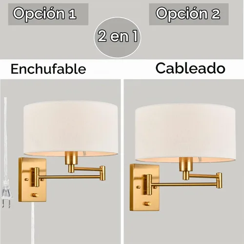 Vista 3 de Apliques de Pared Dorados Enchufables Juego de Dos Lámpara de Pared de Latón con Brazo Giratorio Aplique de Pared con Cableado Fijo con Interruptor