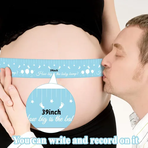 Vista 4 de Juegos de baby shower para género neutro How Big is Mommys Belly Tape de 150 pies de medida Cinta métrica de vientre embarazada oso Baby Shower Azul