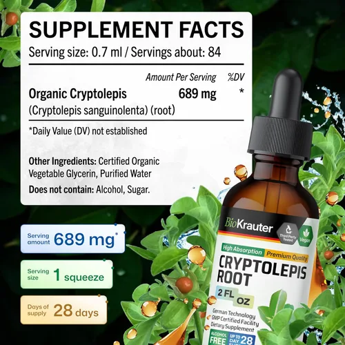 Vista 4 de BIO KRAUTER® Suplemento de apoyo inmunológico Cryptolepis - Tintura vegana de Cryptolepis Sanguinolenta, apoyo inmunológico natural y bienestar