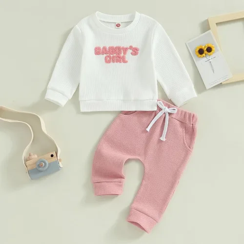 Vista 8 de Daddys Girl Toddler Baby Clothes Waffle Sweatshirt Pullover Top Jogger Pants Fall Winter 2 Piece Outfits