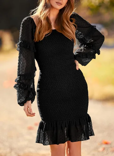 Vista 5 de PRETTYGARDEN Vestido corto ajustado fruncido para mujer, manga larga, cuello cuadrado, lunares suizos, volantes, vestido elegante de sirena