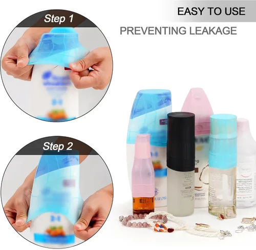 Vista 3 de Bolsa de aseo colgante de viaje para mujeres y hombres, con 6 cubiertas de botellas de silicona a prueba de fugas, accesorios impermeables