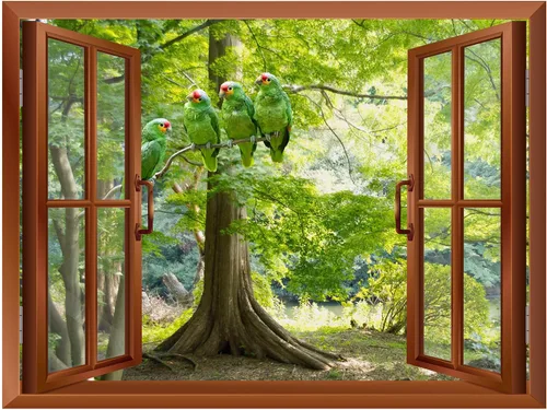 Vista 2 de wall26 Adhesivo decorativo para pared, loros verdes sentados en la rama afuera, ventana abierta, no se pega ni se pega, papel tapiz no tejido