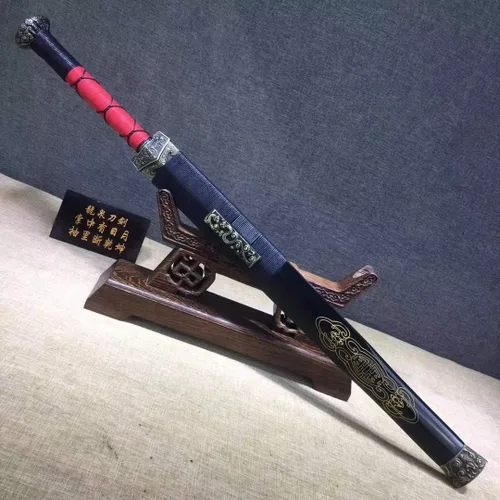 Vista 6 de Espada Han jian, hecha a mano, hoja de grabado de acero de alto carbono, vaina de madera maciza, Wushu