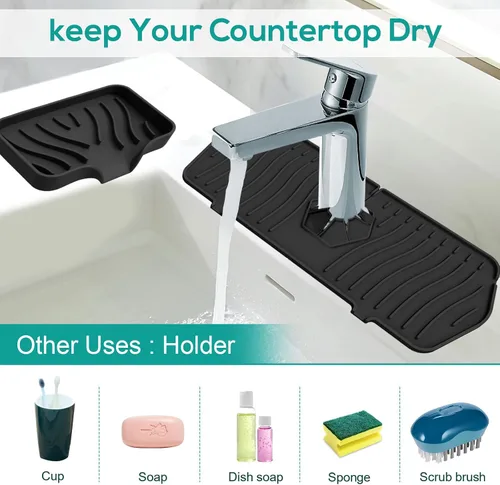 Vista 2 de Protector contra salpicaduras para fregadero de cocina y bandeja de jabón, tapete protector de silicona para grifo, soporte de esponja con boquilla