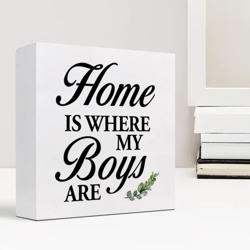 Vista 6 de Letrero de madera con texto en inglés «Home is Where My Boys Are », regalos para la nueva mamá, ideas divertidas para el día de la madre, con cita