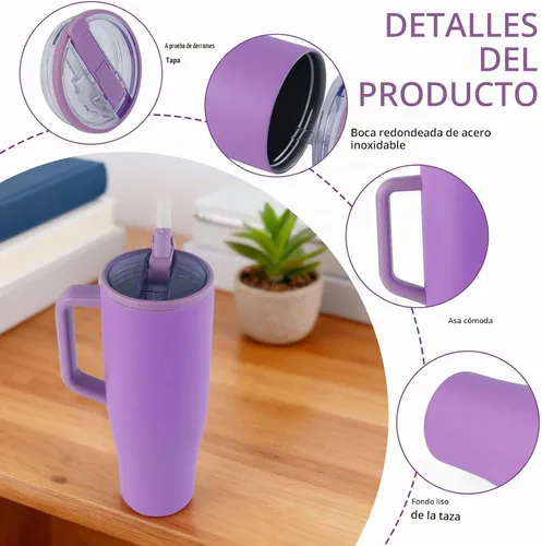 Vista 4 de Botella de agua de 40 onzas con asa, color morado, sexta generación, soporte para tazas compatible para viajes, vaso resistente a fugas