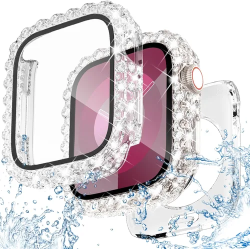 Vista 9 de NewWays Funda impermeable 2 en 1 de 1.575 pulgadas para protector de pantalla de Apple Watch SE Series 6, 5, 4, encaje completo con diamantes