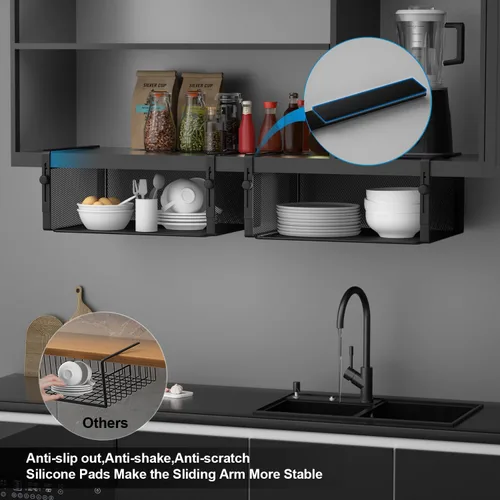 Vista 5 de AmonHouseware Paquete de 2 Organizadores de Canasta Bajo Estante, Soporte Colgante Ajustable para Gabinete Despensa Cocina Alacena Escritorio