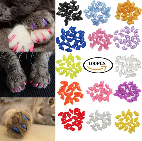 Vista 2 de VICTHY Tapas y cubiertas de uñas para gatos con pegamento y aplicadores, 100 piezas en 5 colores para tamaños extra pequeños/gatitos