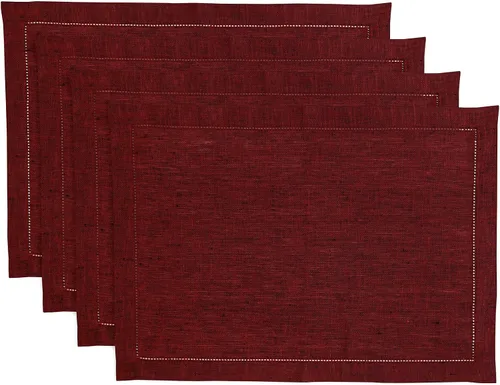 Vista 23 de Solino Home Juego de 4 manteles individuales de tela de lino 100 % puro con vainica, color borgoña cambray, 14 x 19 pulgadas, manteles individuales