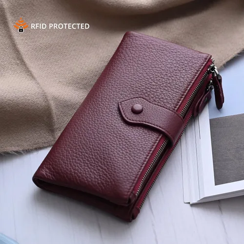 Vista 2 de Billeteras delgadas de cuero suave con bloqueo RFID para mujer, tarjetero de crédito con doble bolsillo con cremallera
