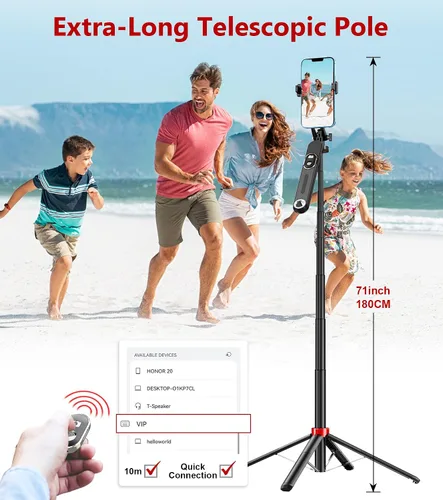 Vista 5 de Huryfox Trípode para teléfono Selfie Stick - Soporte para teléfono celular de 71 pulgadas de alto con control remoto inalámbrico desmontable
