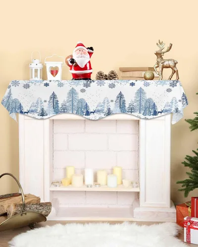 Vista 8 de Mantel con diseño de copo de nieve azul para chimenea de Navidad, bufanda para repisa, estola para estantes, renos, alces, nieve, bosque, cubierta