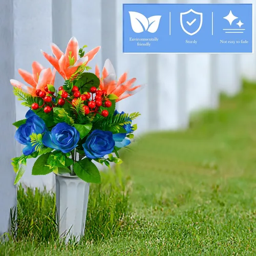 Vista 3 de XONOR Flores artificiales de cementerio para tumba, juego de 4 flores artificiales conmemorativas con jarrón para cementerio al aire libre, lápidas