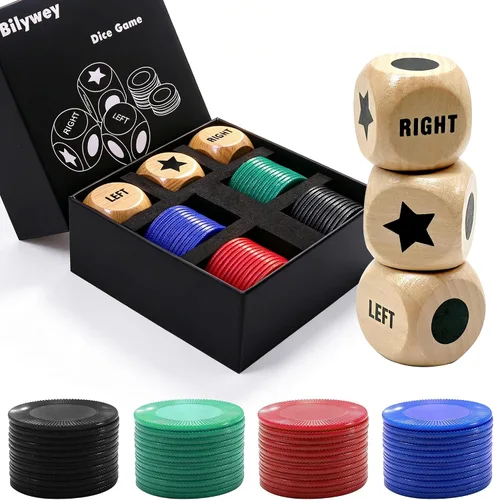 Vista 6 de Bilywey - Juego de dados izquierda-derecha-centro de 3 piezas con dados de madera de haya de 1 pulgada y bolsa con cordón (3 piezas)