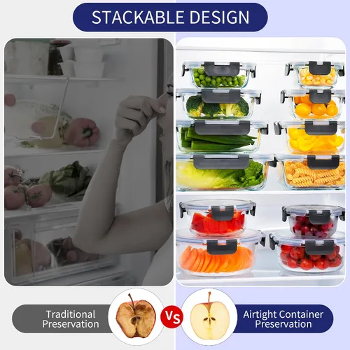 Vista 6 de MFY Paquete de 5 recipientes de almacenamiento de vidrio de 36 onzas con tapas, juego de 2 compartimentos para preparación de comidas, recipientes