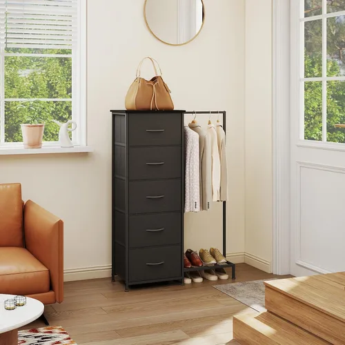 Vista 2 de Somdot - Cómoda con estante para colgar, 5 cajones, cómoda pequeña para dormitorio, cómoda reversible con estante para ropa, cómodas para niños