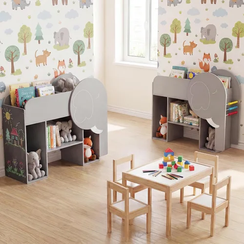 Vista 9 de Costzon Estantería elefante para niños, organizador de almacenamiento de juguetes de 3 niveles con pizarra, 5 cubos y juguete de ábaco de 3 filas
