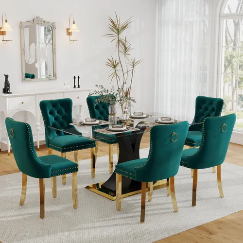 Vista 27 de Juego de comedor de cristal moderno de lujo de 7 piezas, juego de cena rectangular minimalista grande para 6, mesa de cocina de cristal transparente