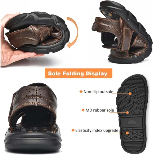 Vista 4 de Feichi Sandalias deportivas para hombre, puntera cerrada, sandalias de cuero hechas a mano, ajustables, para verano, pescador, zapatos de playa