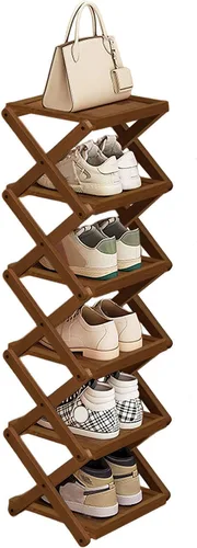 Vista 7 de YYW Zapatero plano de bambú para entrada, sin instalación y plegable, pequeño zapatero vertical, ahorra espacio, zapatero estrecho para armario