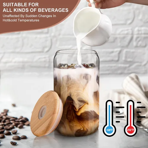 Vista 4 de DWTS DANWEITESI Tazas de café helado con tapas, 2 piezas, tazas de vidrio de 16 onzas con tapas y pajitas como accesorios de barra de café, vasos