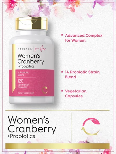 Vista 4 de Carlyle Probióticos Cranberry Plus para mujer 120 cápsulas con 14 cepas probióticas Vegetariano, sin OMG, suplemento sin gluten para ella