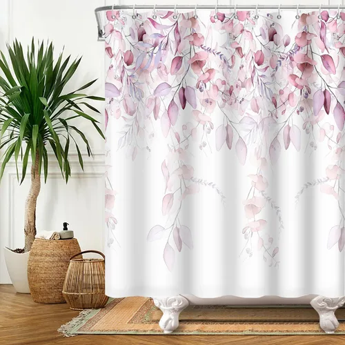 Vista 6 de Cortina de ducha con textura floral de acuarela rosa, cortina de ducha floral verde salvia para baño, bonita cortina de ducha moderna de tela