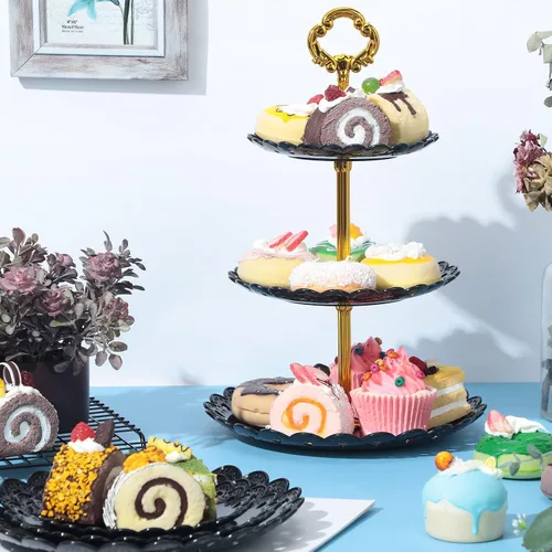 Vista 6 de 4 juegos de soporte de postre de plástico de 3 niveles, soporte negro para cupcakes, mini torta de frutas y dulces, bandeja reutilizable para servir