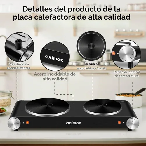 Vista 3 de Cusimax - Placa de cocción eléctrica de 1800 W, estufa eléctrica portátil para cocinar, hornalla doble, con control de temperatura ajustable