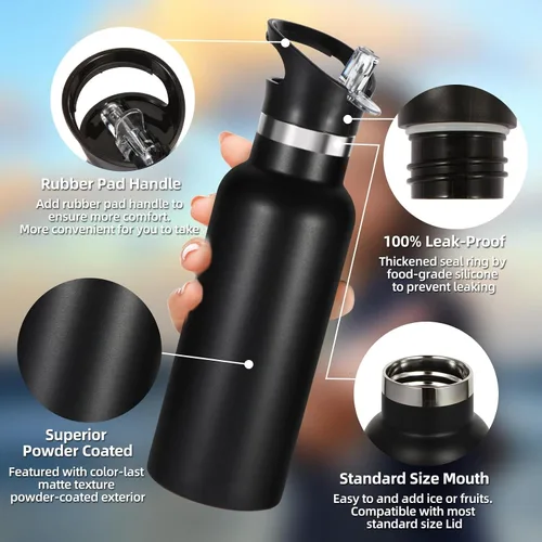 Vista 2 de Volhoply Botella de agua aislada para niños de 17 onzas, botellas de agua de acero inoxidable con tapa con pajilla, botella de agua de metal al