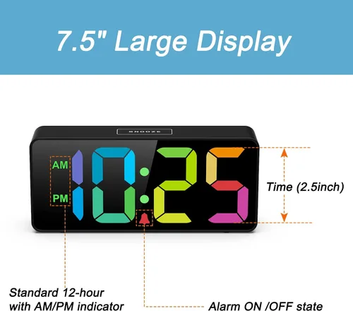Vista 2 de Welgo Reloj despertador de número grande de 7.5 pulgadas para personas mayores y niños, 0-100% brillo y volumen ajustables, puerto de carga USB