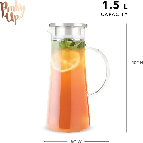 Vista 3 de Pinky Up Charlie - Jarra de vidrio de té helado con tapa y filtro, jarra para café frío, limonada, jugos de frutas, agua con gas, soda, capacidad