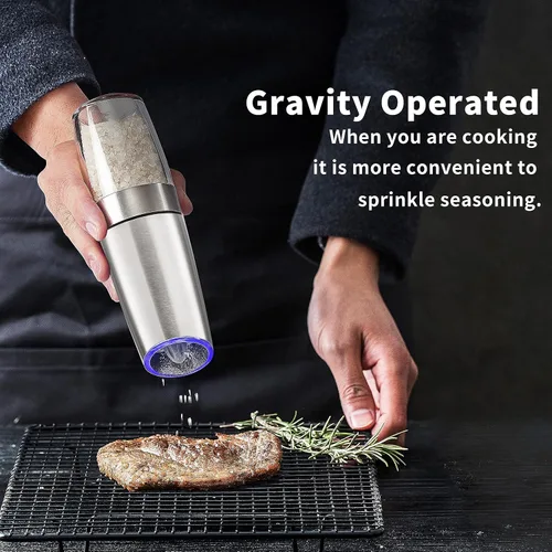 Vista 2 de Gravity - Molinillo eléctrico de sal y pimienta, juego de 2, molinillo de pimienta automático alimentado por batería, operación con una sola mano