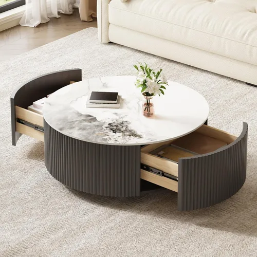 Vista 24 de KEVINSPACE Mesa auxiliar negra con borde dorado en la parte inferior, mesa de centro redonda para espacios pequeños, mesa auxiliar de madera mesita