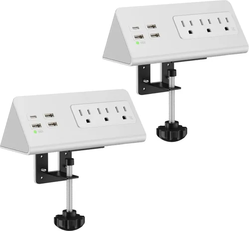 Vista 10 de Regleta de alimentación de montaje en borde para mesita de noche con puertos USB-C, protector de sobretensiones de mesa, abrazaderas de escritorio