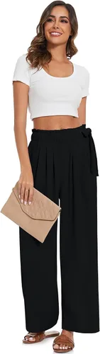 Vista 3 de UEU Pantalones casuales de pierna ancha para mujer, de verano, cintura alta, nudo lateral, ligeros, sueltos, holgados, con bolsillos, Negro