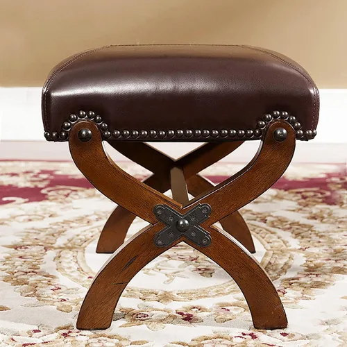 Vista 4 de Reposapiés de cuero, otomano de madera, asiento rústico para pies, reposapiés de madera, reposapiés rectangular pequeño otomano para sala de estar