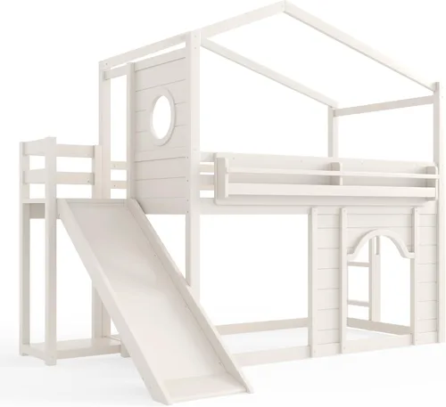 Vista 6 de Harper & Bright Designs Cama tipo loft para niños, tamaño individual, con armario y puerta arqueada, litera de casa con tobogán y estanterías