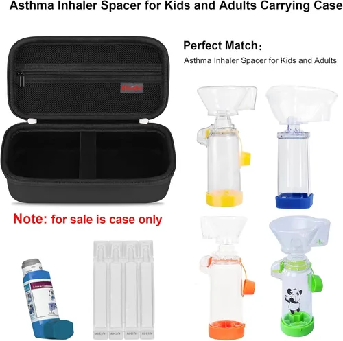 Vista 2 de Elonbo Estuche de transporte para inhalador de asma, espaciador de inhalador para niños y adultos, máscaras, soporte para inhalador, bolsa Negro