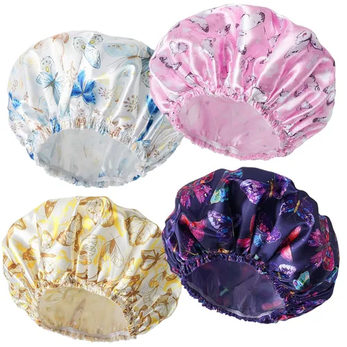 Vista 16 de 4 piezas de gorros de ducha para mujer, gorros de baño con estampado, gorro de ducha de doble capa reutilizable e impermeable, gorros de ducha